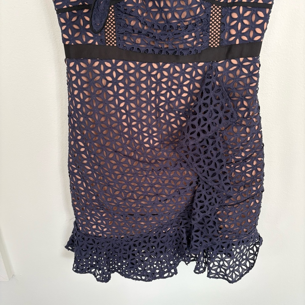 Self-Portrait || Broderie Floral Petal Mini Dress Eyelet Lace Ruffle Navy Blue 8 - Picture 4 of 13